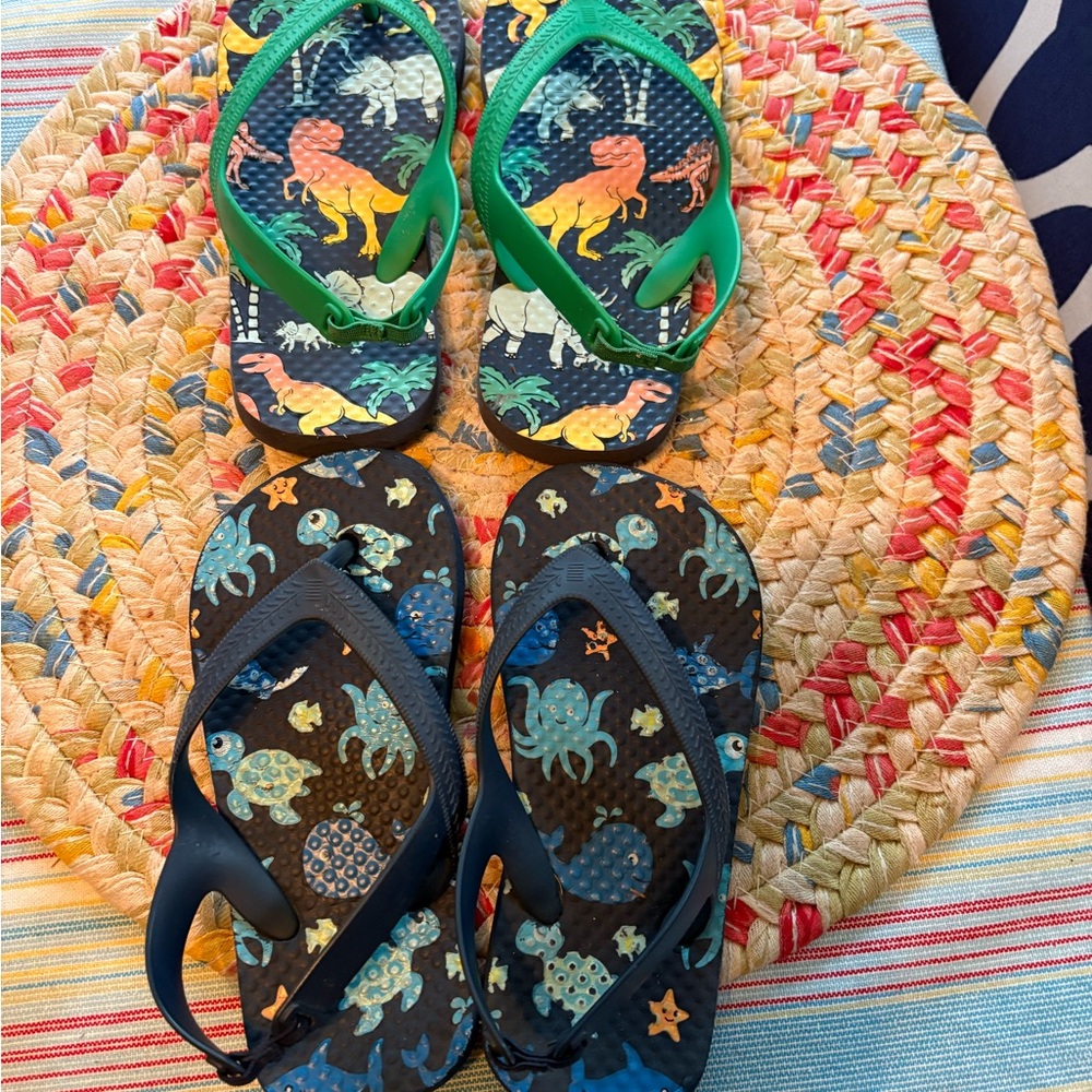 Kids Dinosaur Flip Flops - Green and Blue. 2 pairs